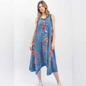 Bluevelvet Floral Embroidered Asymmetrical Denim Dress